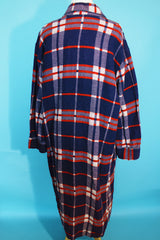 Women's or men's vintage 1950's Beacon label long sleeve long length plaid print dressing gown in purple, red, and white plaid print.