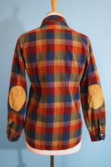 Men's or women's vintage 1970's Lobo, Pendleton label long sleeve button up shirt in a wool material in a tan, blue, and burn orange plaid print.