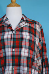 Men's or women's vintage 1960's Pilgrim label long sleeve button up pajama shirt in white, red, and green. Lightweight cotton material.