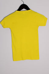Women's or kids vintage 1970's short sleeve bright yellow tee with colored river rat graphic on the front in a polyester and cotton material.