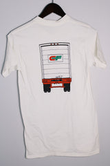 Women's or men's vintage 1990's Tough Tee, Belton, Made in USA label short sleeve white graphic t-shirt with ribbed neck in cotton material.