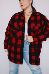 Men's or women's vintage 1960's size large red and black buffalo plaid button up wool shacket. Two chest pockets.