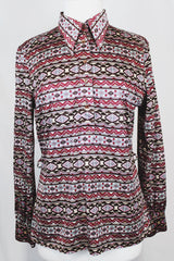 Women's vintage 1970's Loubella Extendables Inc. California label long sleeve printed blouse with a half button closure and dagger collar