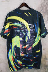 Women' or men's vintage 1993 Fruit of the Loom, Made in USA label short sleeve black 1993 Van Halen Tour t-shirt with graphic on the front and back with all over multicolored tie dye.