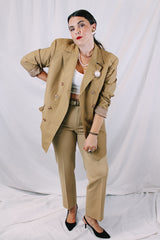 Men's or women's vintage 1970's Sax Overseas, Specially Made For Mr. R. E. Bankhead long sleeve beige colored double breasted blazer with thin pin stripes throughout.