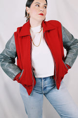 Men's or women's vintage 1960's Dick Longtin's Sports Huddle label long sleeve leather and wool zip up varsity letterman jacket in grey and red with pockets and nylon liner.