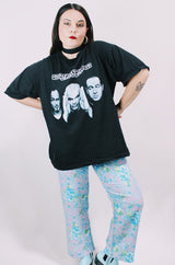 Women's or men's vintage 1999 O.B., Assembled in Mexico label short sleeve black Scorpions tour t-shirt with a colored graphic on front and back.