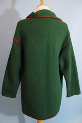 Women's vintage 1970's Indian, Handcrafted by Canadian Indians label long sleeve forest green pullover sweater with a collar and tie front.
