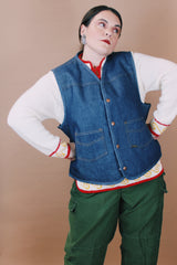 Men's vintage 1970's Roebucks, Sears label size XL sleeveless dark denim vest with cream shearling liner and popper buttons.
