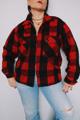 Men's or women's vintage 1970's JCPenney Hunting Apparel label size medium wool material long sleeve zip up red and black buffalo plaid shacket.