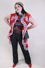 Women's vintage 1970's short sleeve crochet open front sweater with a drapey style in red and grey colors. Soft acrylic material