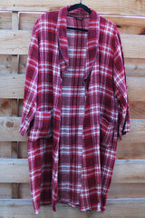 Women's or men's vintage 1950's Beacon label cotton blend material red and white plaid print sleepwear robe with satin trim and two front pockets