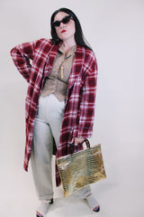 Women's or men's vintage 1950's Beacon label cotton blend material red and white plaid print sleepwear robe with satin trim and two front pockets