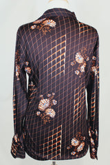 Men's or women's vintage 1970's Kings Road label long sleeve chocolate brown colored button up shirt with all over floral print in a slinky polyester material.