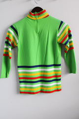 Women's vintage 1970's bright green long sleeve turtleneck with multicolored stripes and a zipper in the back in a polyester material.