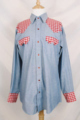 Men's vintage 1970's Dee Cee Brand, Authentic Western Wear, Made in USA long sleeve light blue chambray shirt with red and white gingham patchwork.