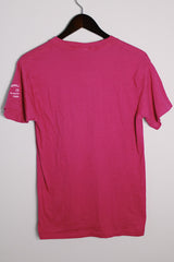 Women's or men's vintage 1980's Ched, Quality Knits by Anvil, Made in USA label magenta pink short sleeve tee with white graphic on front and on sleeve in a polyester and cotton material.