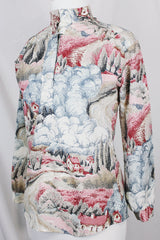 Women's vintage 1970's Lady Arrow label long sleeve half button closure tunic blouse with an all over pin, blue, and grey novelty print.