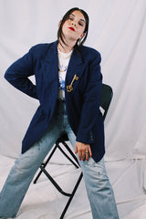 Men's or women's vintage 1960's Varsity-Town Clothes, Meier & Frank Co., Portland, OR long sleeve navy blue pin striped double breasted wool material blazer.