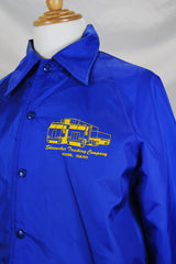 Women's or men's vintage 1980's Swingster, World of Wearables label long sleeve lightweight bright blue nylon windbreaker jacket with logo on left chest, popper buttons, and furry fleece liner.