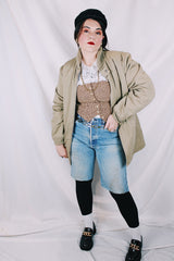 Men's or women's vintage 1970's Sir Jac label long sleeve grey colored longer length zip up bomber jacket with knit ribbed trim.