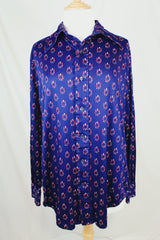 Men's or women's vintage 1970's Bud Berma label long sleeve nylon material navy blue button up shirt will all over red print.