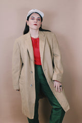 Men's or women's vintage 1960's Cashmere Deluxe Exclusively For Baskin label size large long sleeve long length tan camel colored cashmere coat with button closure.