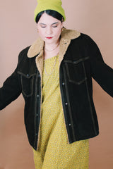 Men's or women's vintage 1970's Towncraft, JCPenny label size large chocolate brown long sleeve suede jacket with shearling liner, popper buttons, and contrast stitching.