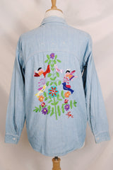 Men's or women's vintage 1970's Lepe, Puerto Vallarta, Mexico label long sleeve light blue denim wash chambray button up shirt with colored embroidery in the front and back.
