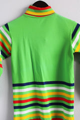 Women's vintage 1970's bright green long sleeve turtleneck with multicolored stripes and a zipper in the back in a polyester material.