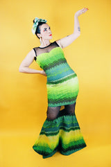 sleeveless floor length dress green and yellow striped print with sheer lace panels vintage 1990's