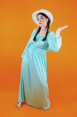 balloon sleeve maxi dress teal color vintage 1960's