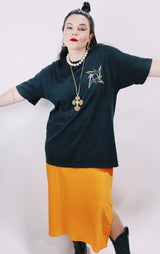 Men's or women's vintage 1990's Murina, Made in USA label short sleeve black Metallica band tee with multicolored graphic on front and back.