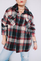 Men's or women's vintage 1970's C.P.O. Montgomery Ward label size XL long sleeve button up shacket in cream, maroon, and black plaid print