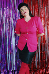 Women's vintage 1980's Collections label short sleeve button up power blazer in hot pink colors.