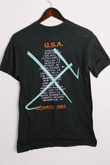 Women's or men's vintage 1985 Star Prints, Made in USA label short sleeve black Howard Jones Band tour tee with graphic on front and back in a cotton material.
