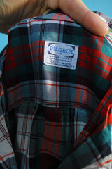 Men's or women's vintage 1960's Pilgrim label long sleeve button up pajama shirt in white, red, and green. Lightweight cotton material.