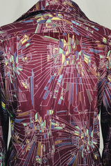 Men's or women's vintage 1970's long sleeve maroon colored button up shirt with all over multi colored abstract print in slinky polyester material.