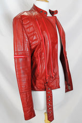 Women's or men's vintage 1980's Wilson's Suede & Leather long sleeve zip up short fit bright red leather moto style jacket.