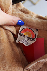 Women's or men's vintage 1980's Weekends in California label long sleeve tan and brown colored velour material pullover sweater with collar and half button closure.