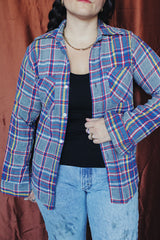 Men's or women's vintage 1970's Big Mac label long sleeve plaid button up flannel shirt in blue, grey, red, and yellow with white buttons.