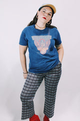 Men's or women's vintage 1970's Made in USA label navy blue graphic band t-shirt of the group Eruption.