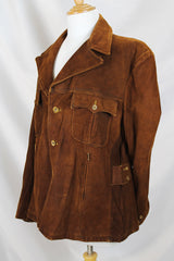 Men's or women's vintage 1970's Robert Lewis Idea label long sleeve chocolate brown suede jacket with button front closure and double lapel with a western style.