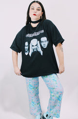 Women's or men's vintage 1999 O.B., Assembled in Mexico label short sleeve black Scorpions tour t-shirt with a colored graphic on front and back.