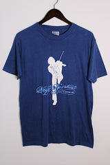 Women's or men's vintage 1980's Hanes, Fifty-Fifty, Made in USA label short sleeve navy blue Doug Kershaw band tee with graphic on front and back in cotton and polyester material.