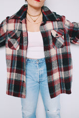 Men's or women's vintage 1970's C.P.O. Montgomery Ward label size XL long sleeve button up shacket in cream, maroon, and black plaid print
