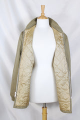 Men's or women's vintage 1970's Sir Jac label long sleeve grey colored longer length zip up bomber jacket with knit ribbed trim.