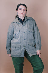 Men's or women's vintage 1960's Tailored by Day's, Fabric by Wool O' The West size large long sleeve button up grey wool tweed shacket with four pockets.