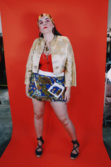 Women's vintage 1960's Dynasty Trade Mark label long sleeve cropped satin silk like robe jacket with all over print and fabric closures.