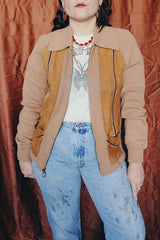 Women's or men's vintage 1970's Challenger, Made in USA label long sleeve camel brown colored zip up cardigan with a collar. Knit with suede trim on the front.